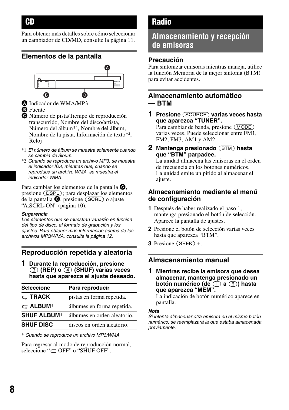 Elementos de la pantalla, Reproducción repetida y aleatoria, Radio | Almacenamiento y recepción de emisoras, Almacenamiento automático - btm, Almacenamiento manual, Ep 8, Radio almacenamiento y recepción de emisoras | Sony CDX-GT31W User Manual | Page 24 / 36