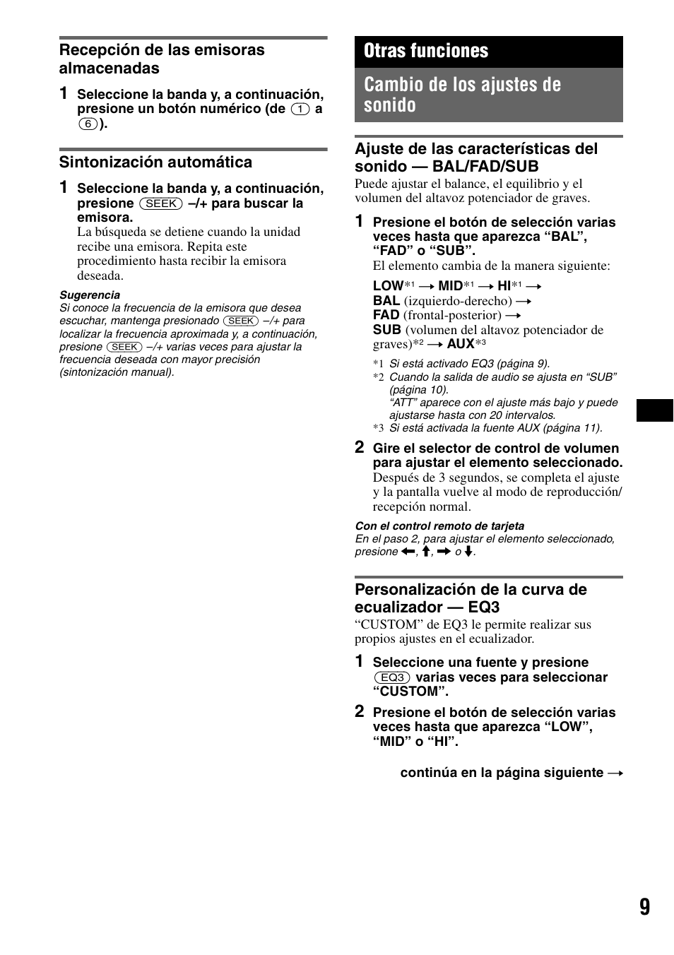 Recepción de las emisoras almacenadas, Sintonización automática, Otras funciones | Cambio de los ajustes de sonido, Personalización de la curva de ecualizador - eq3, Otras funciones cambio de los ajustes de sonido | Sony CDX-GT31W User Manual | Page 25 / 36