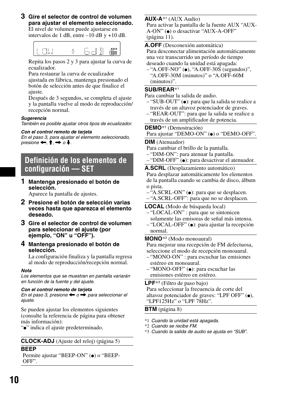 Definición de los elementos de configuración - set, Definición de los elementos de configuración — set | Sony CDX-GT31W User Manual | Page 26 / 36