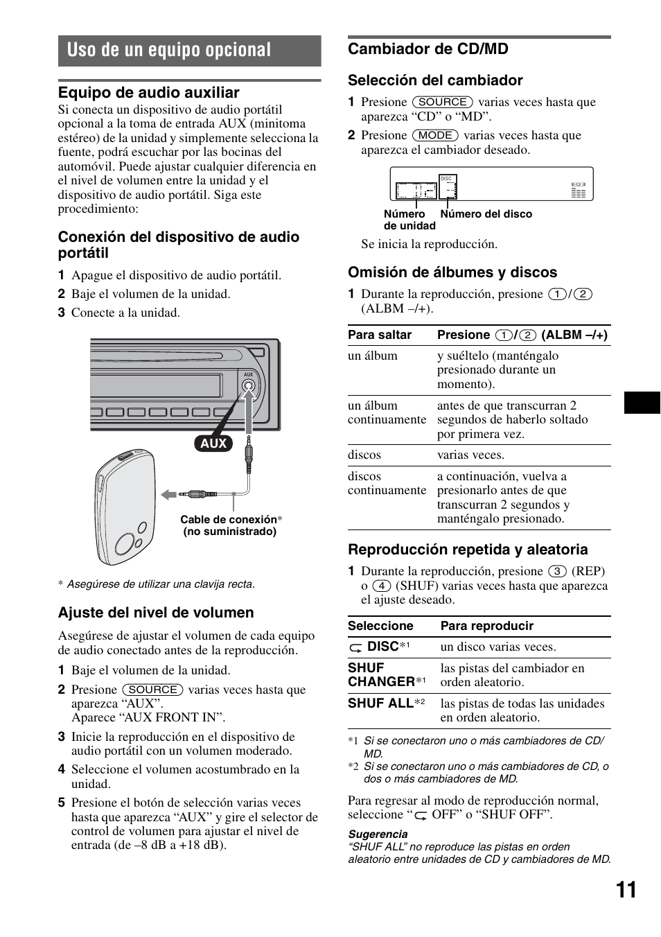 Uso de un equipo opcional, Equipo de audio auxiliar, Cambiador de cd/md | Equipo de audio auxiliar cambiador de cd/md | Sony CDX-GT31W User Manual | Page 27 / 36