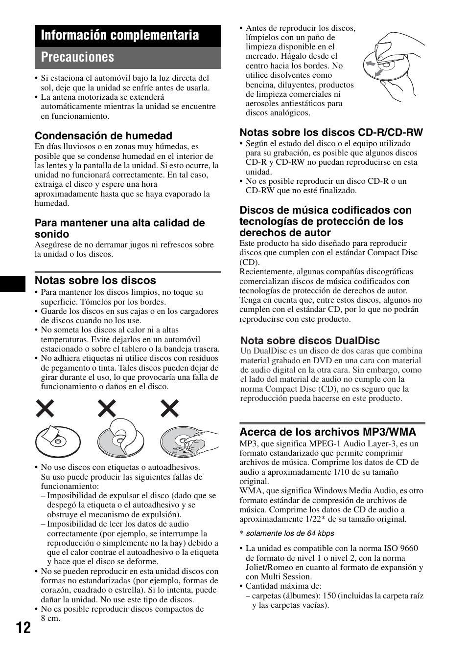 Información complementaria, Precauciones, Notas sobre los discos | Acerca de los archivos mp3/wma, Información complementaria precauciones | Sony CDX-GT31W User Manual | Page 28 / 36
