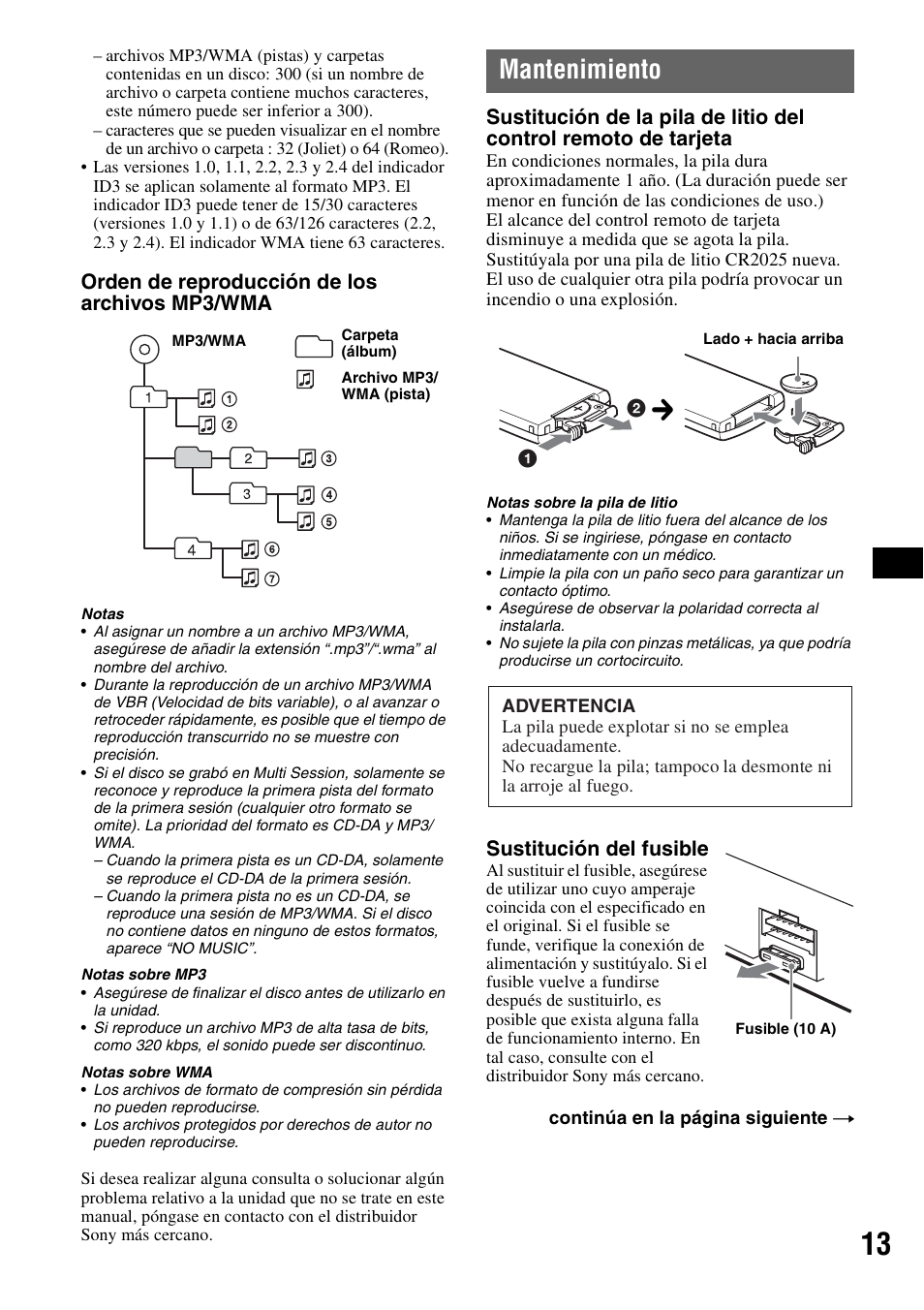 Mantenimiento, Orden de reproducción de los archivos mp3/wma, Sustitución del fusible | Sony CDX-GT31W User Manual | Page 29 / 36