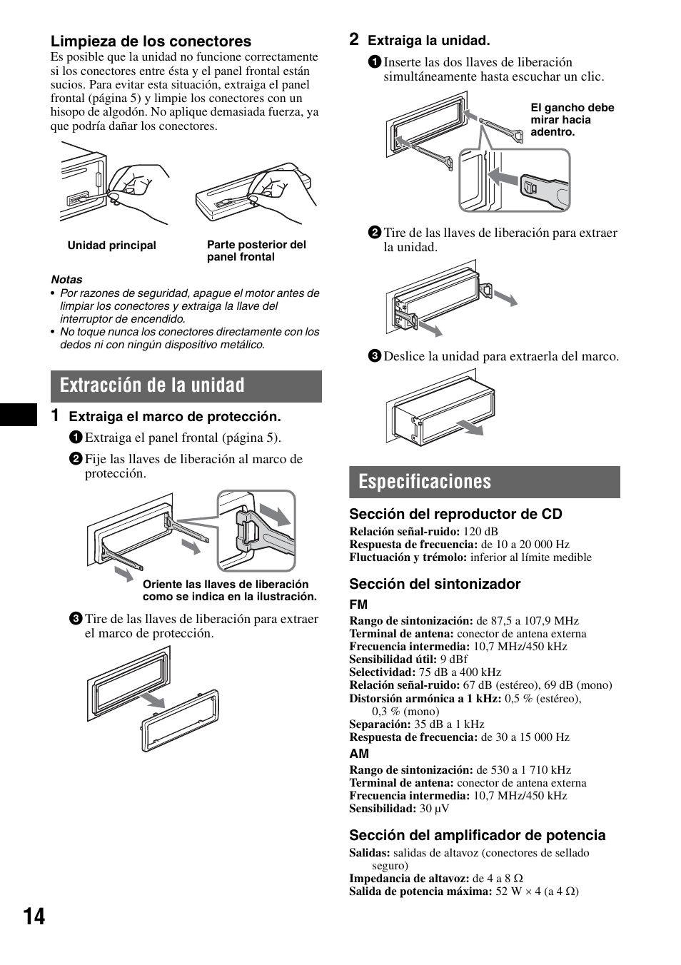 Extracción de la unidad, Especificaciones, Extracción de la unidad especificaciones | Sony CDX-GT31W User Manual | Page 30 / 36