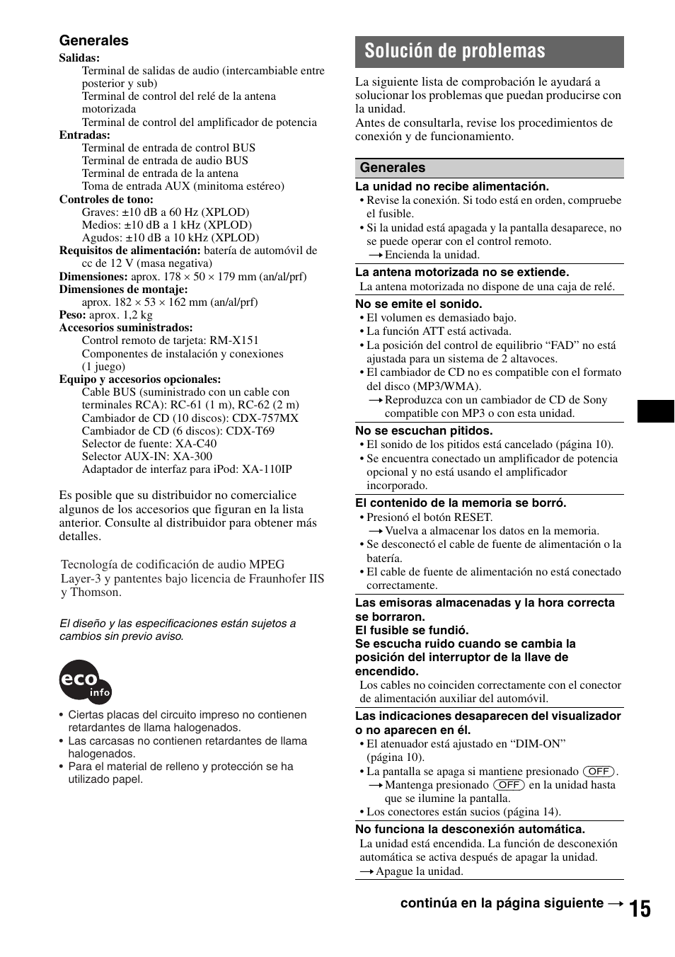 Solución de problemas, Generales | Sony CDX-GT31W User Manual | Page 31 / 36