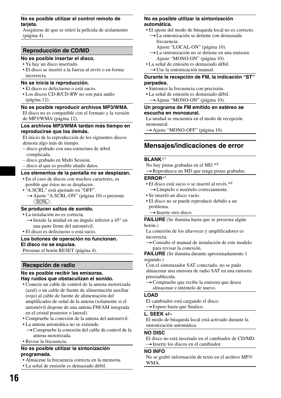 Mensajes/indicaciones de error | Sony CDX-GT31W User Manual | Page 32 / 36