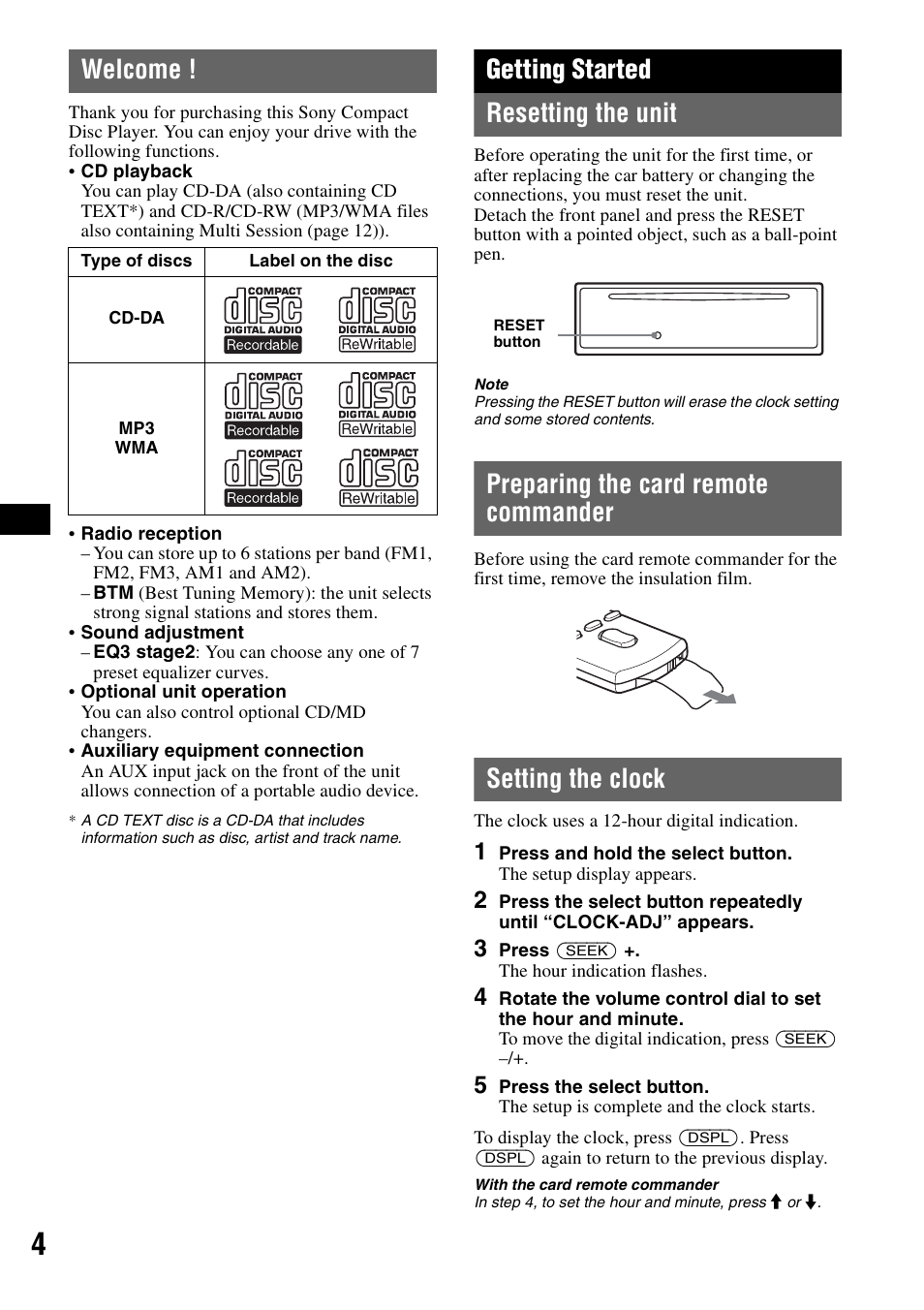 Welcome, Getting started, Resetting the unit | Preparing the card remote commander, Setting the clock, Getting started resetting the unit | Sony CDX-GT31W User Manual | Page 4 / 36