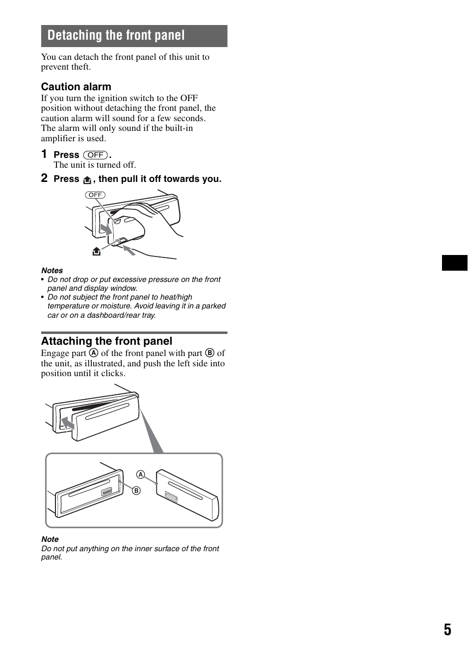 Detaching the front panel, Attaching the front panel | Sony CDX-GT31W User Manual | Page 5 / 36