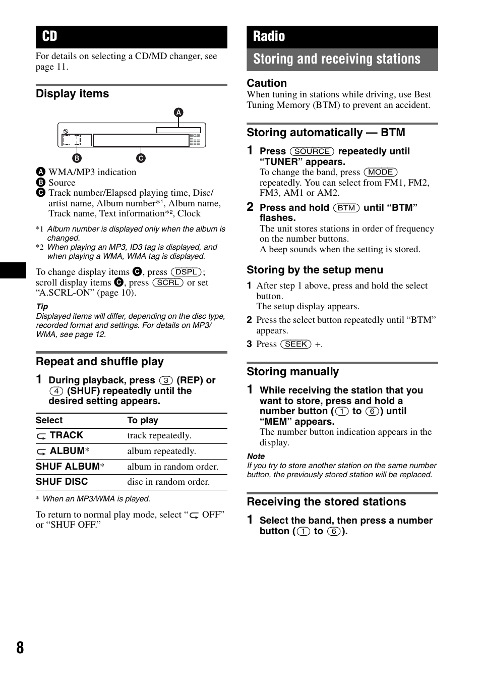 Display items, Repeat and shuffle play, Radio | Storing and receiving stations, Storing automatically - btm, Storing manually, Receiving the stored stations, Display items repeat and shuffle play, Ep 8, Radio storing and receiving stations | Sony CDX-GT31W User Manual | Page 8 / 36