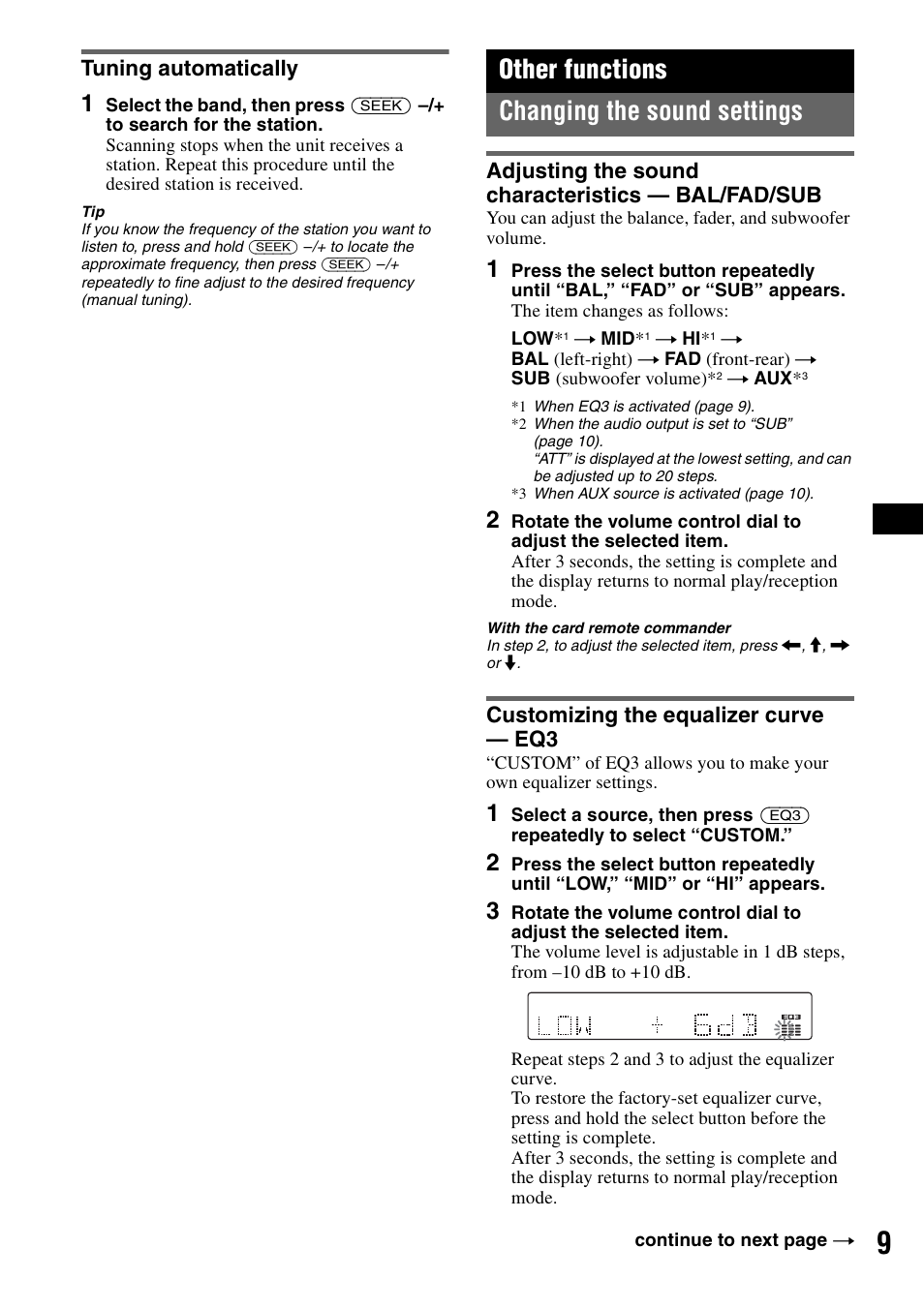 Tuning automatically, Other functions, Changing the sound settings | Adjusting the sound characteristics - bal/fad/sub, Customizing the equalizer curve - eq3, On 9, Other functions changing the sound settings | Sony CDX-GT31W User Manual | Page 9 / 36