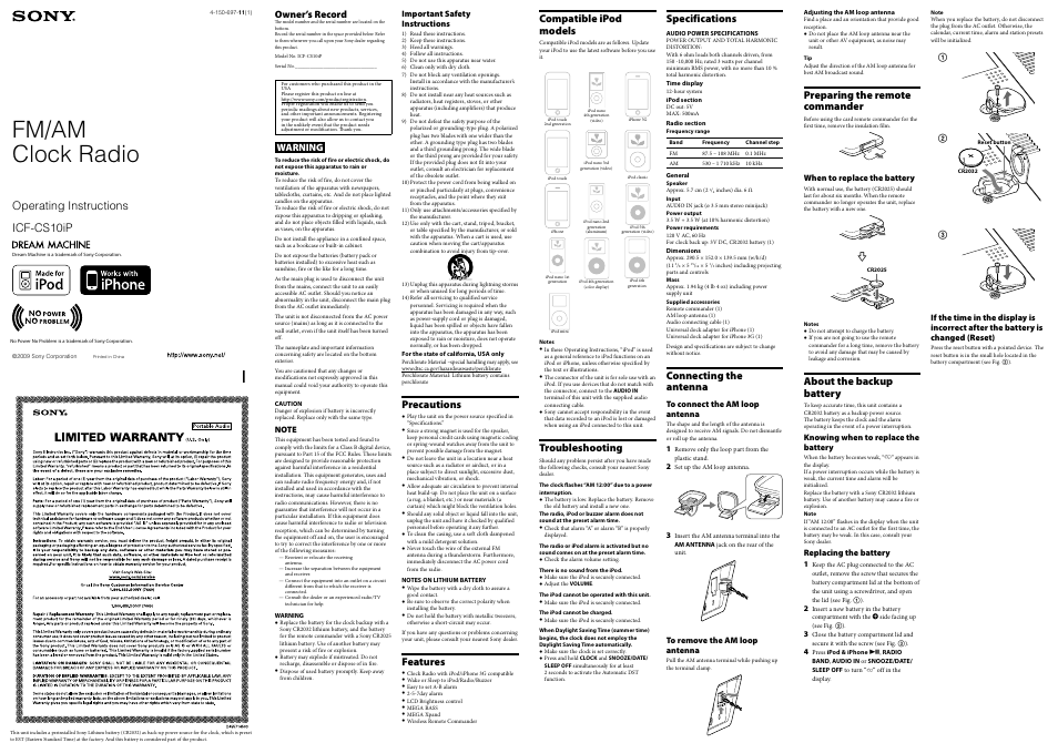 Sony ICF-CS10IP User Manual | 2 pages