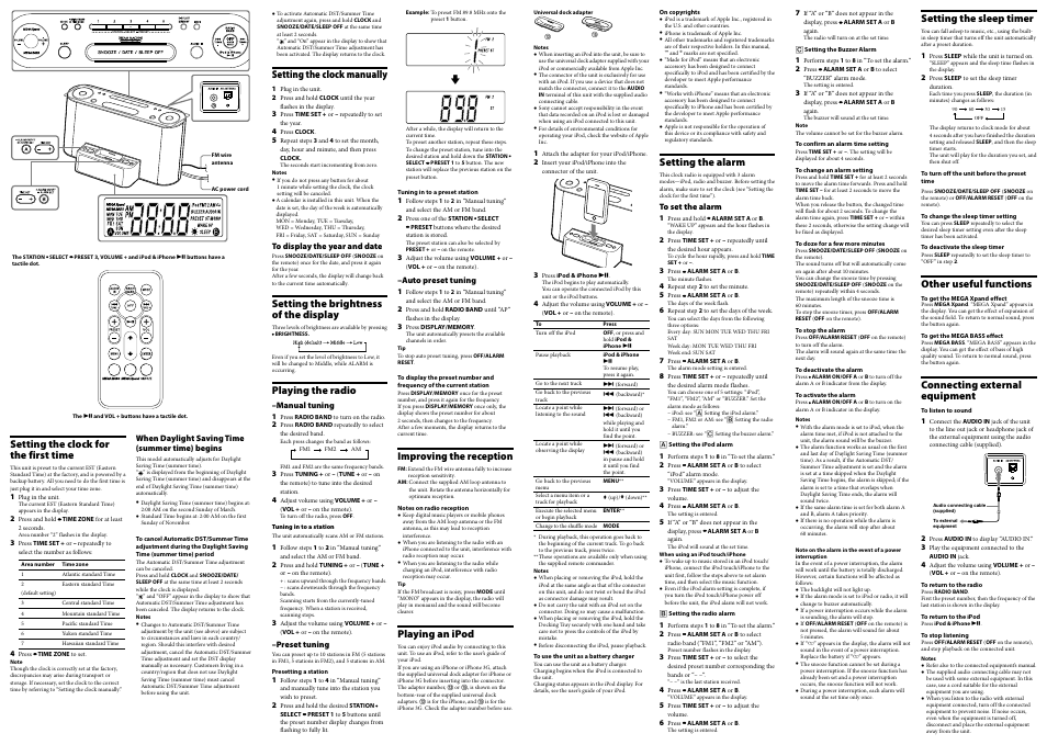 Setting the clock manually, Setting the brightness of the display, Playing the radio | Improving the reception, Playing an ipod, Setting the clock for the first time, Setting the alarm, Setting the sleep timer, Other useful functions, Connecting external equipment | Sony ICF-CS10IP User Manual | Page 2 / 2