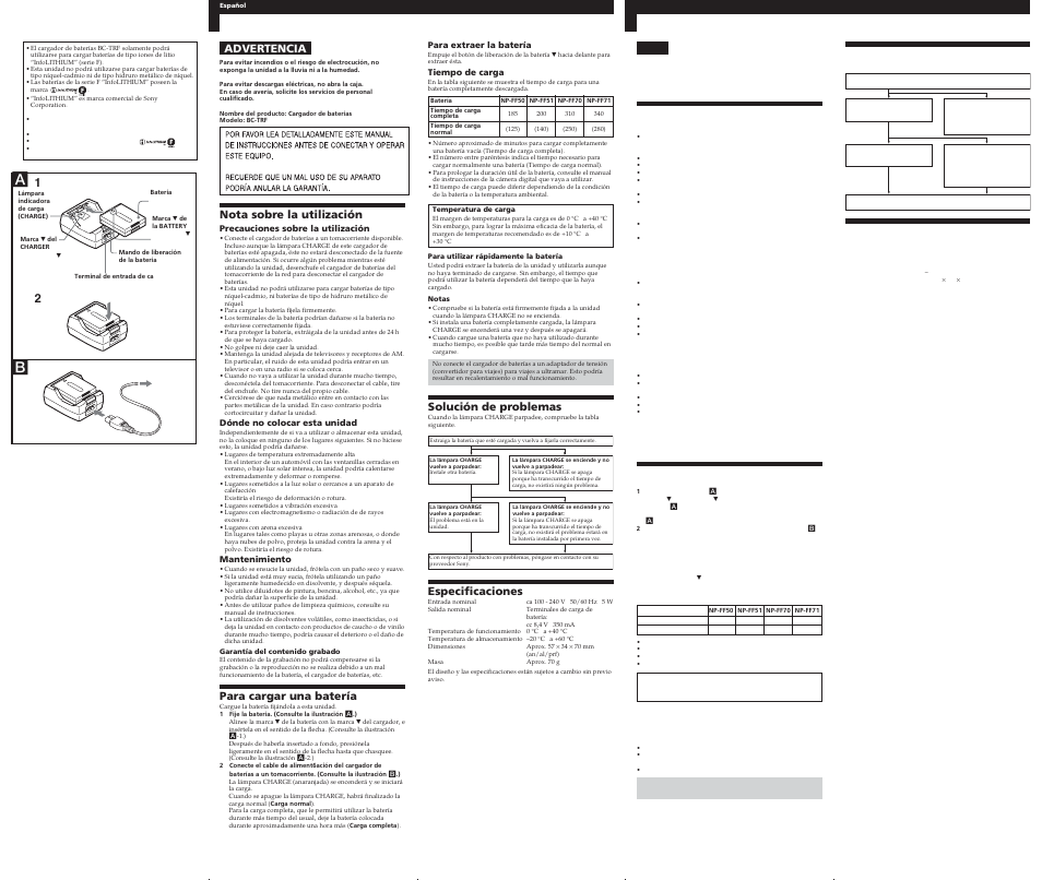 Advertencia, Nota sobre la utilización, Para cargar una batería | Solución de problemas, Especificaciones | Sony BC-TRF User Manual | Page 2 / 2