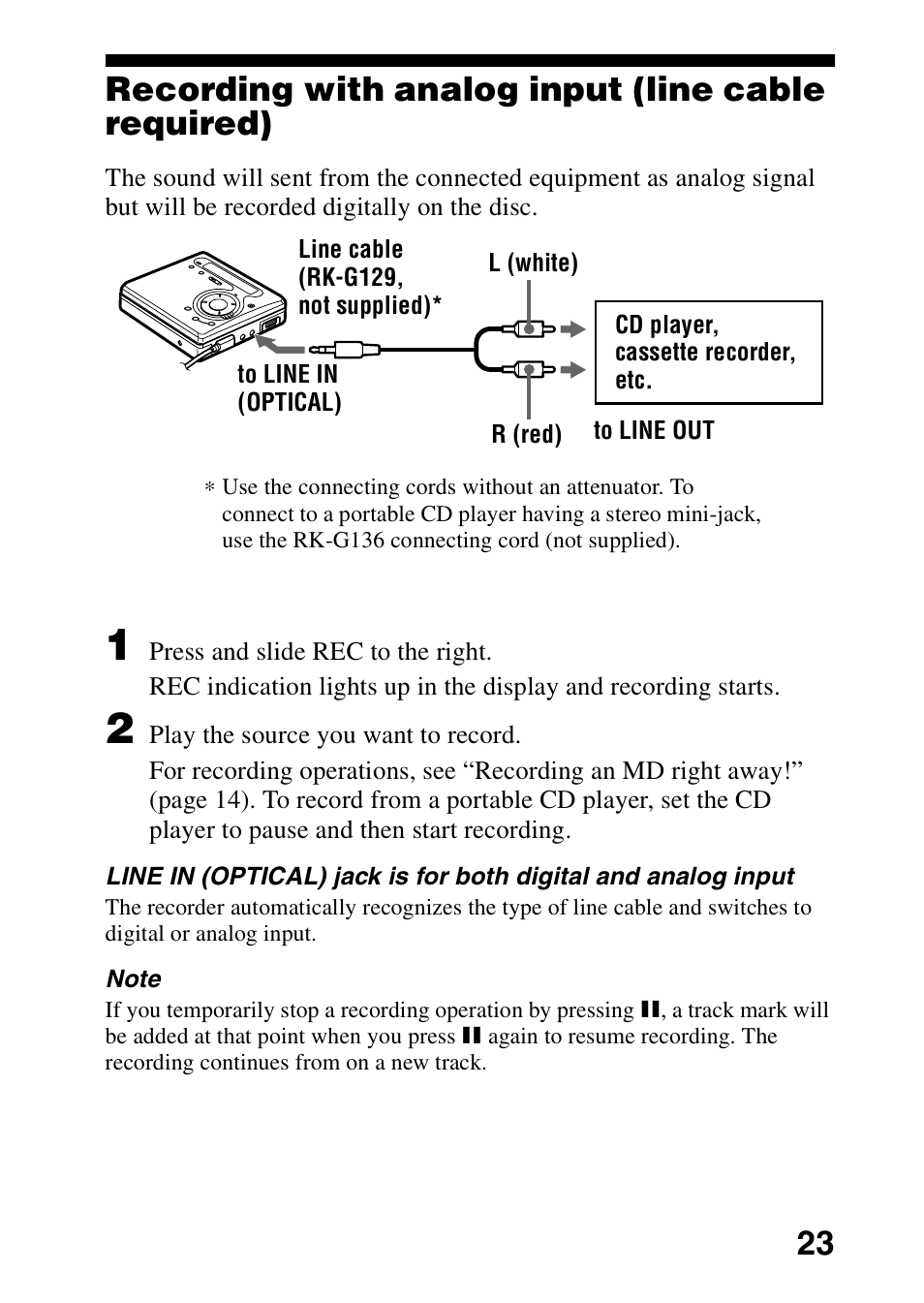 Recording with analog input (line cable required) | Sony MZ-R700DPC User Manual | Page 23 / 68