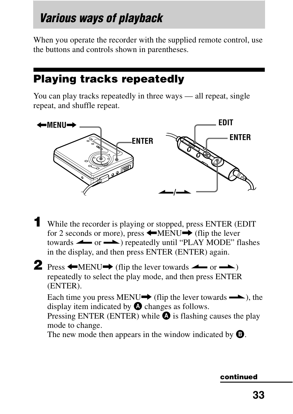 Various ways of playback, Playing tracks repeatedly | Sony MZ-R700DPC User Manual | Page 33 / 68