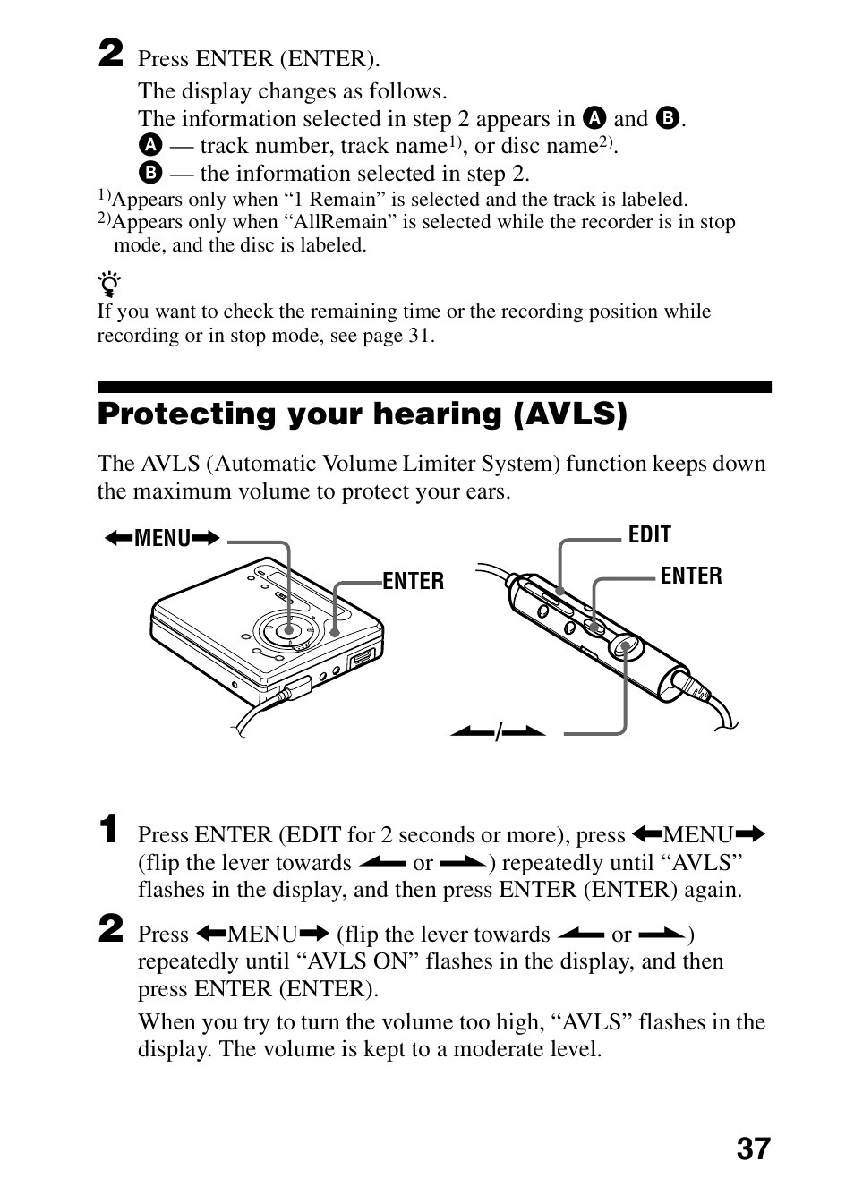 Protecting your hearing (avls) | Sony MZ-R700DPC User Manual | Page 37 / 68