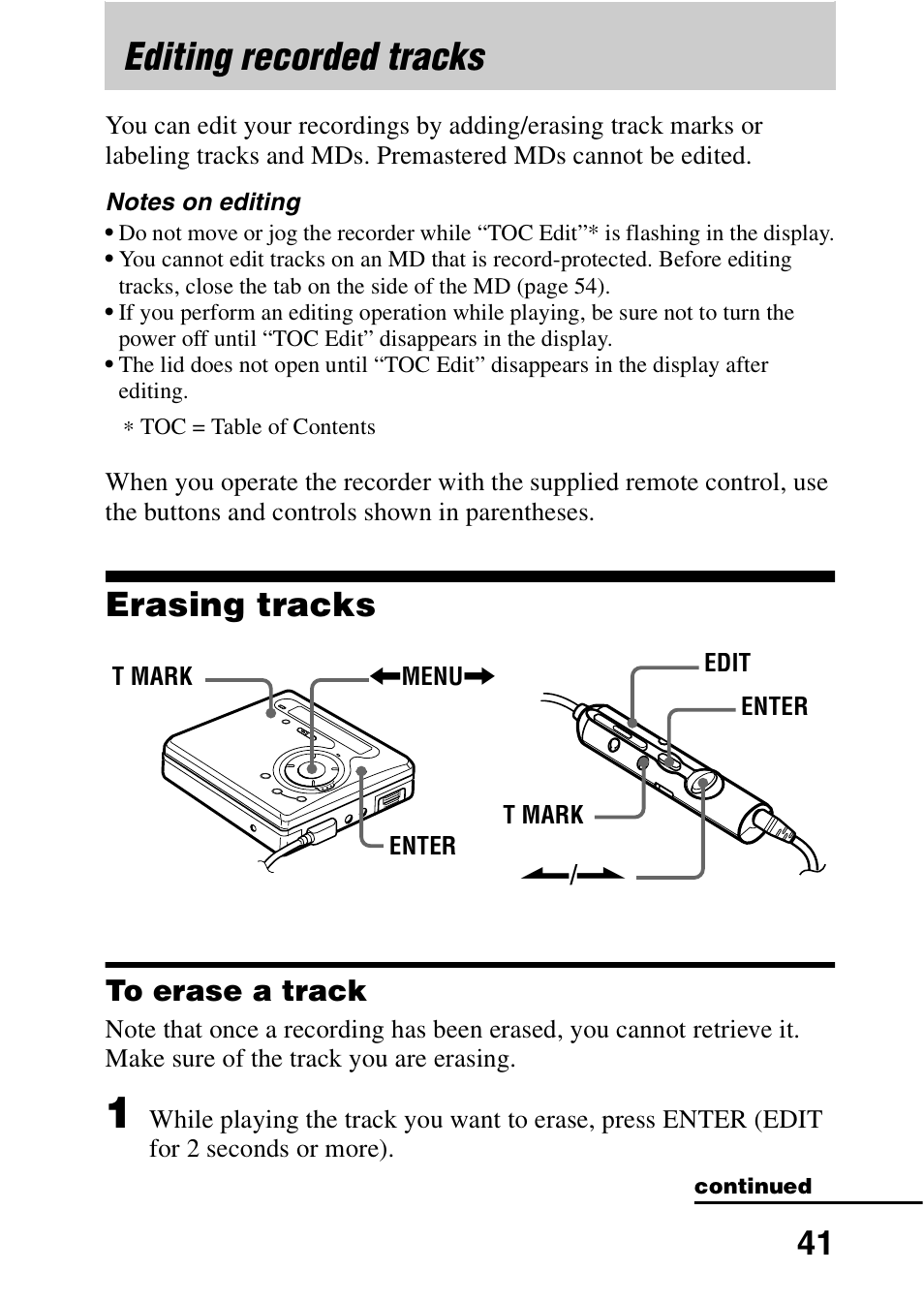 Editing recorded tracks, Erasing tracks, To erase a track | Sony MZ-R700DPC User Manual | Page 41 / 68