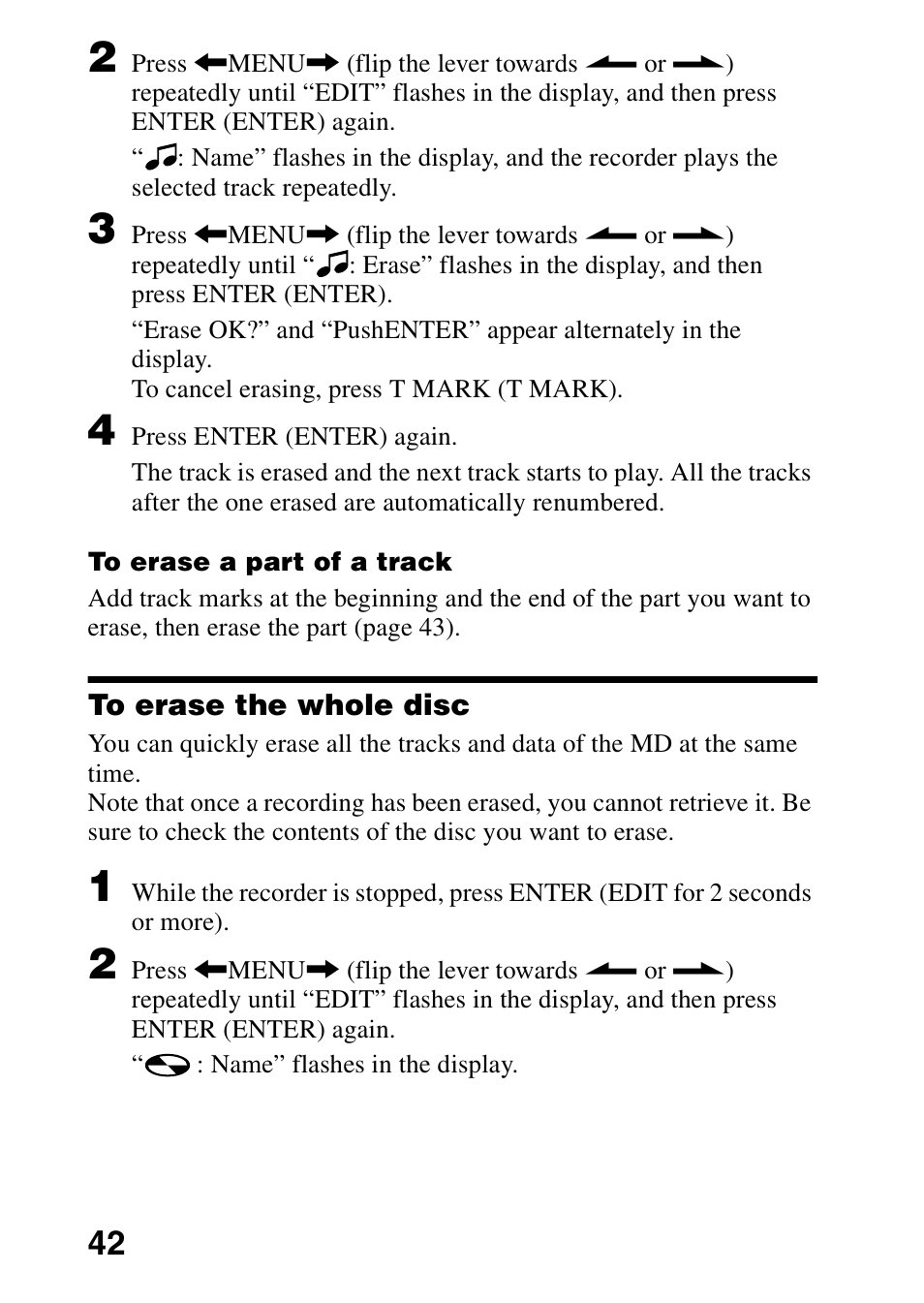 To erase the whole disc, On (42) (4 | Sony MZ-R700DPC User Manual | Page 42 / 68