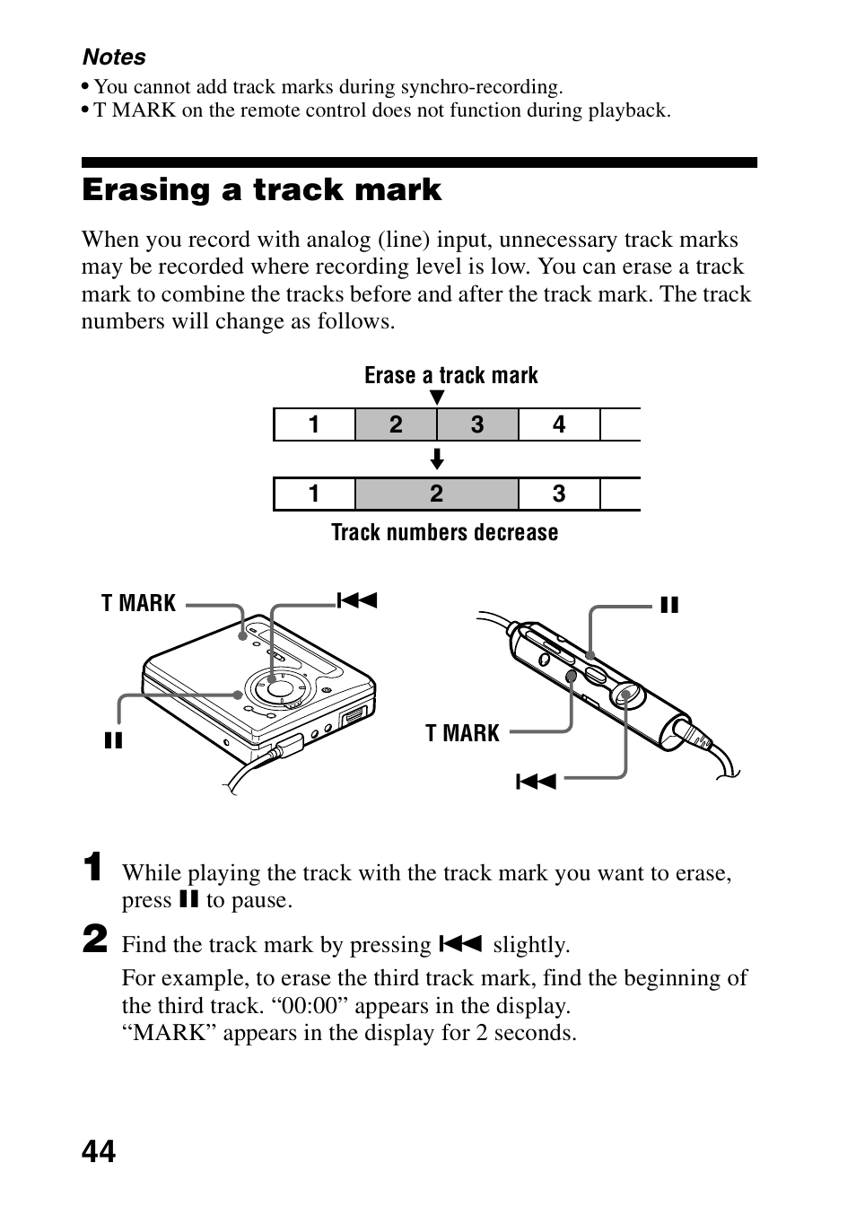 Erasing a track mark | Sony MZ-R700DPC User Manual | Page 44 / 68