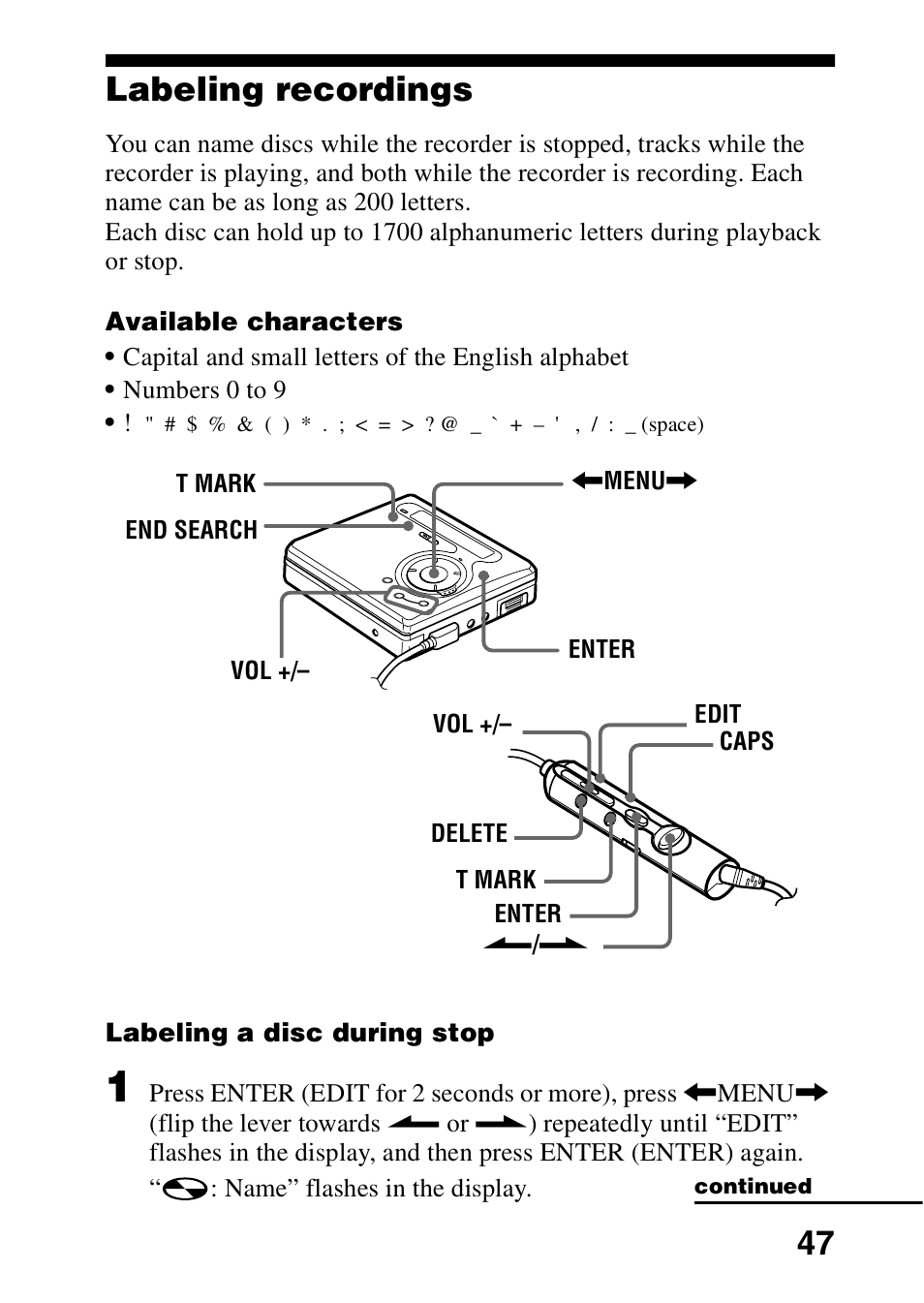 Labeling recordings, 47 labeling recordings | Sony MZ-R700DPC User Manual | Page 47 / 68