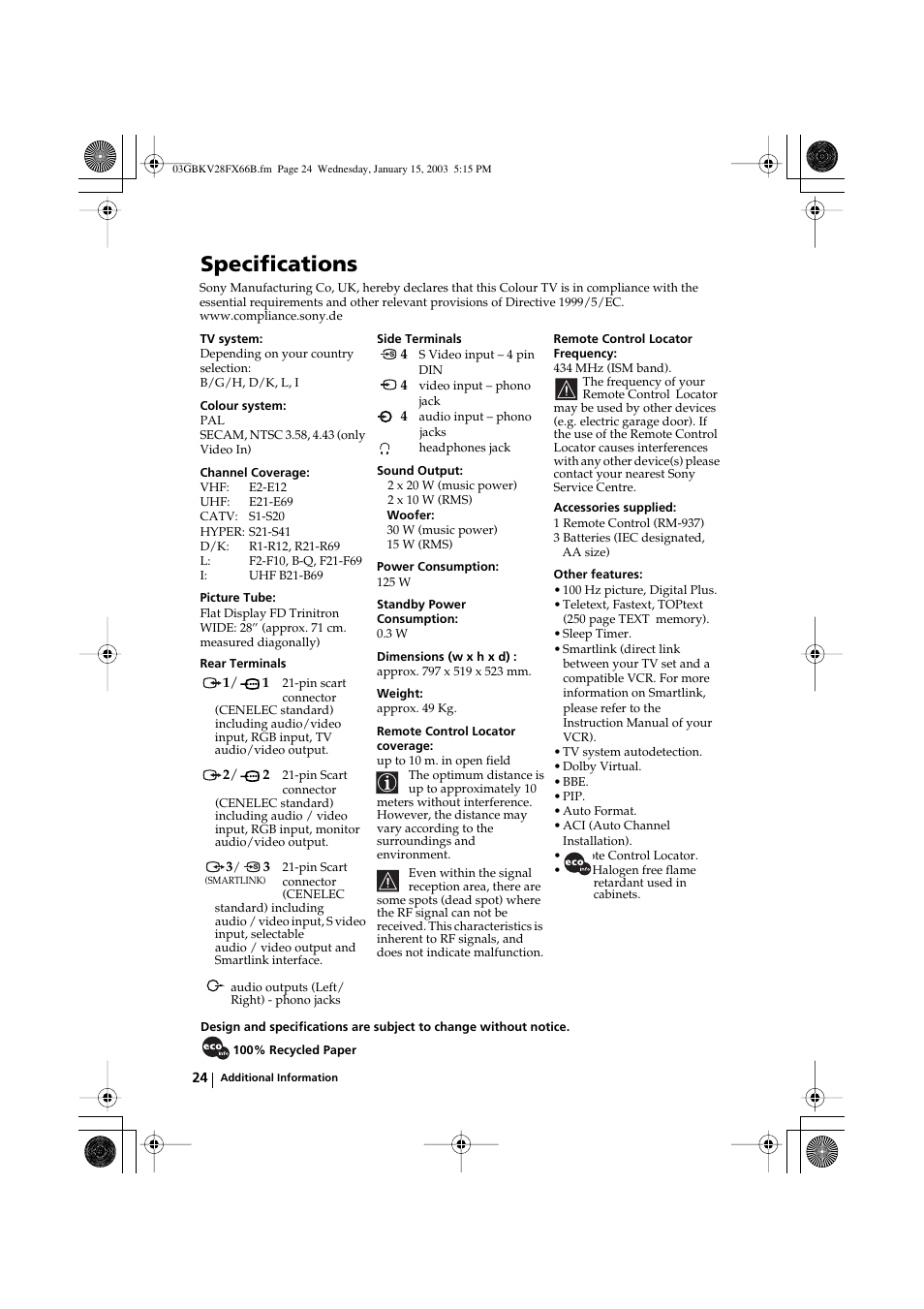 Specifications | Sony KV-28FX66B User Manual | Page 24 / 28