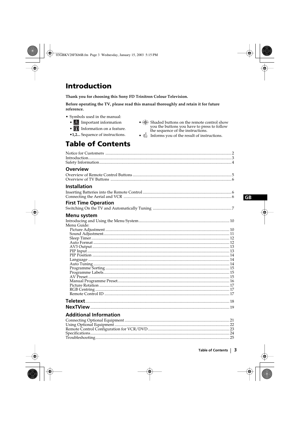 Sony KV-28FX66B User Manual | Page 3 / 28