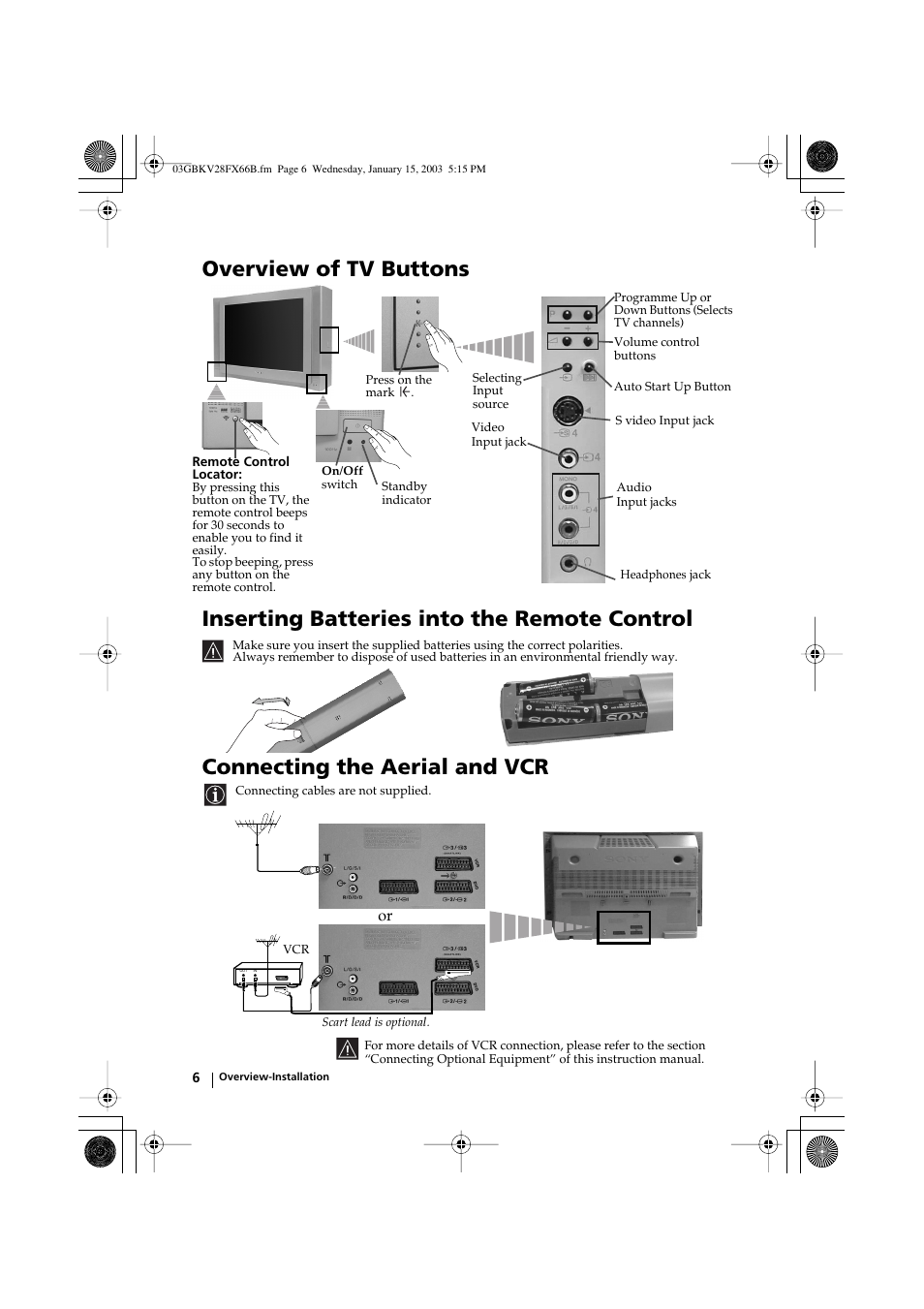 Connecting the aerial and vcr | Sony KV-28FX66B User Manual | Page 6 / 28