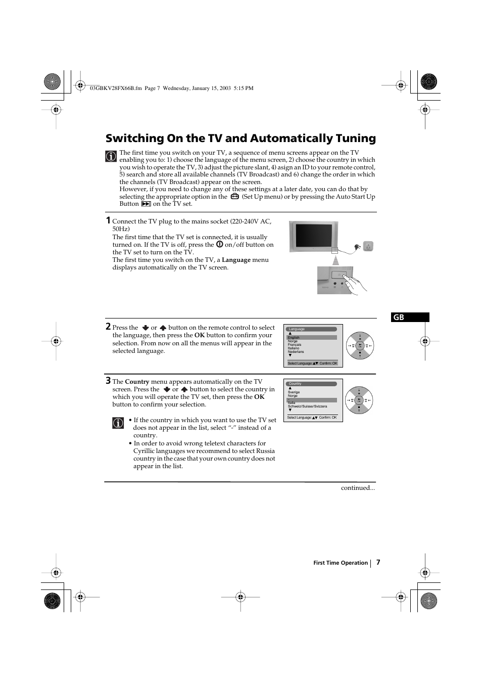 Switching on the tv and automatically tuning | Sony KV-28FX66B User Manual | Page 7 / 28