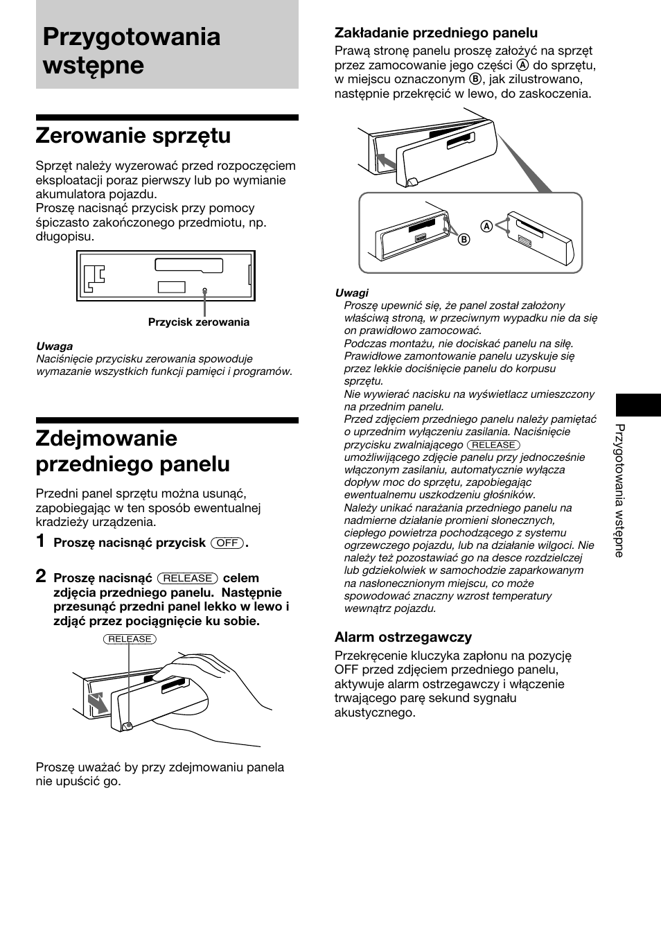 Przygotowania wstípne, Zerowanie sprzítu, Zdejmowanie przedniego panelu | Zerowanie sprzętu zdejmowanie przedniego panelu, Przygotowania wstępne, Zerowanie sprzętu | Sony XR-1800R User Manual | Page 23 / 92