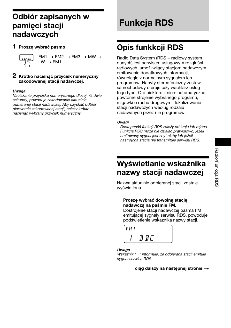 Odbiûr zapisanych w pamiíci stacji nadawczych, Funkcja rds, Opis funkkcji rds | Wy wietlanie wskaºnika nazwy stacji nadawczej, Odbiór zapisanych w pamięci stacji, Nadawczych, Nadawczej, Odbiór zapisanych w pamięci stacji nadawczych, Wyświetlanie wskaźnika nazwy stacji nadawczej | Sony XR-1800R User Manual | Page 27 / 92