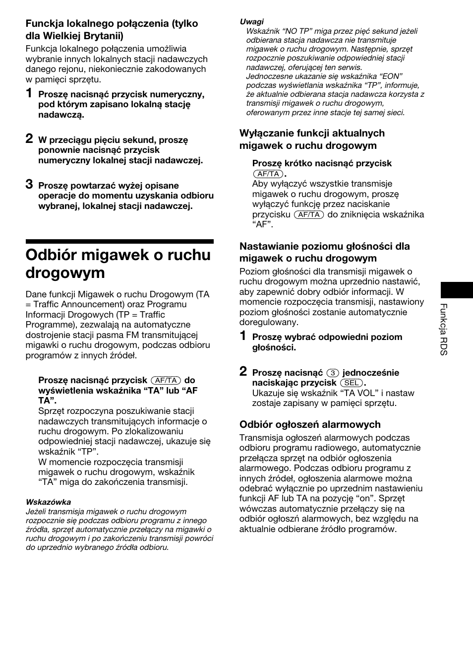 Odbiûr migawek o ruchu drogowym, Odbiór migawek o ruchu drogowym | Sony XR-1800R User Manual | Page 29 / 92