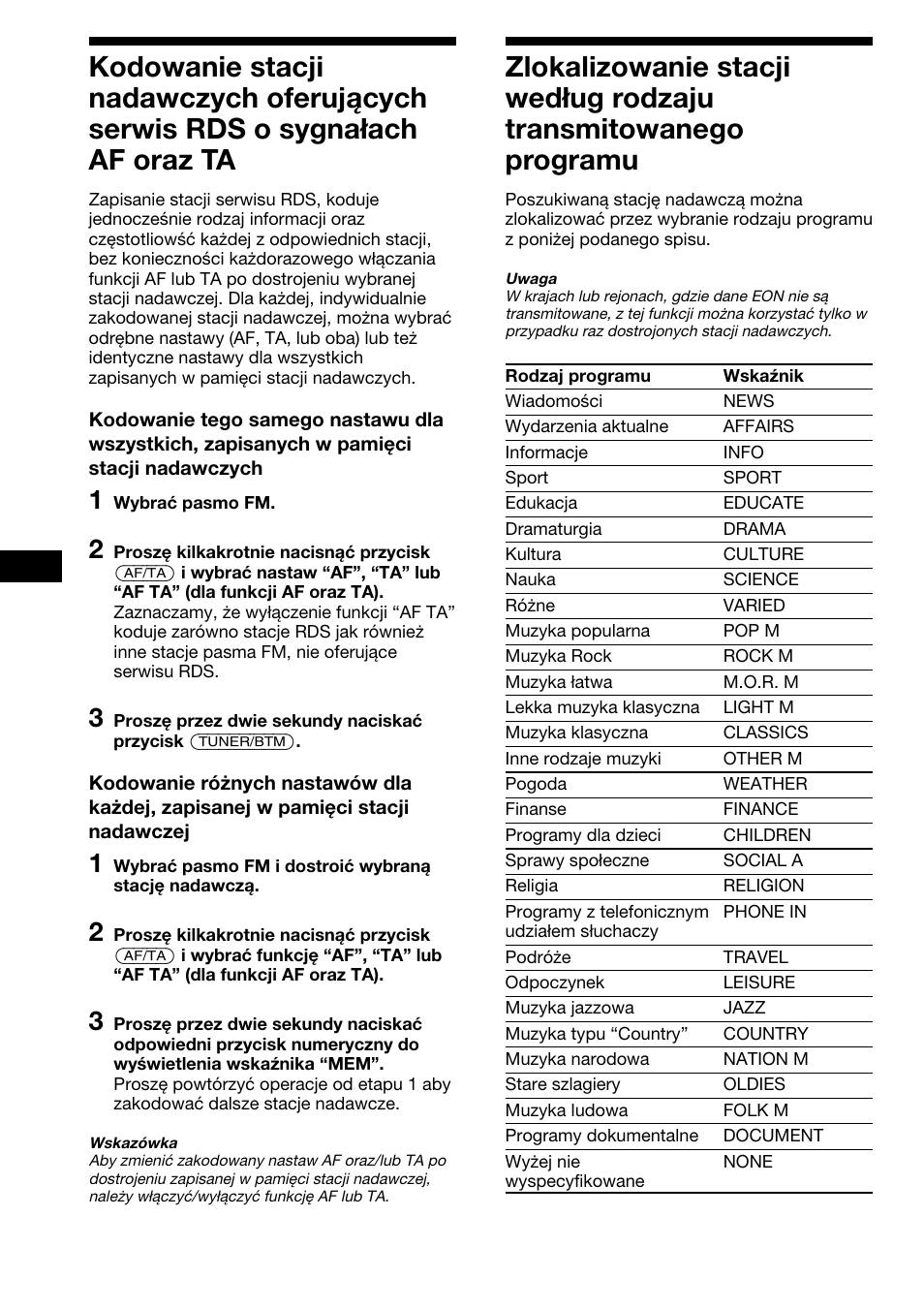 Kodowanie stacji nadawczych oferujących, Serwis rds o sygnałach af oraz ta, Zlokalizowanie stacji według rodzaju | Transmitowanego programu | Sony XR-1800R User Manual | Page 30 / 92