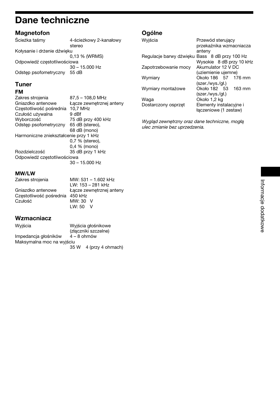 Dane techniczne, Magnetofon, Tuner | Wzmacniacz, Ogólne | Sony XR-1800R User Manual | Page 35 / 92