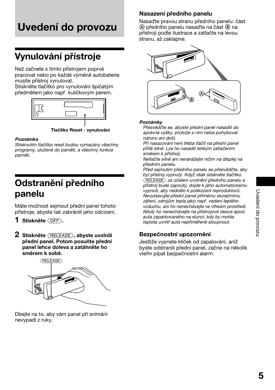 Uvedenì do provozu, Vynulov·nì p¯ìstroje, Odstranïnì p¯ednìho panelu | Vynulování přístroje odstranění předního panelu, Uvedení do provozu, Vynulování přístroje, Odstranění předního panelu | Sony XR-1800R User Manual | Page 41 / 92