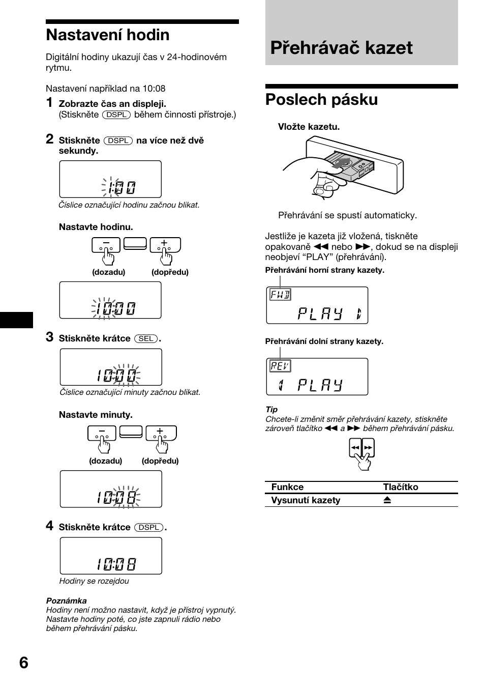 Nastavenì hodin, P¯ehr·vaë kazet, Poslech p·sku | Nastavení hodin, Poslech pásku, Přehrávač kazet | Sony XR-1800R User Manual | Page 42 / 92