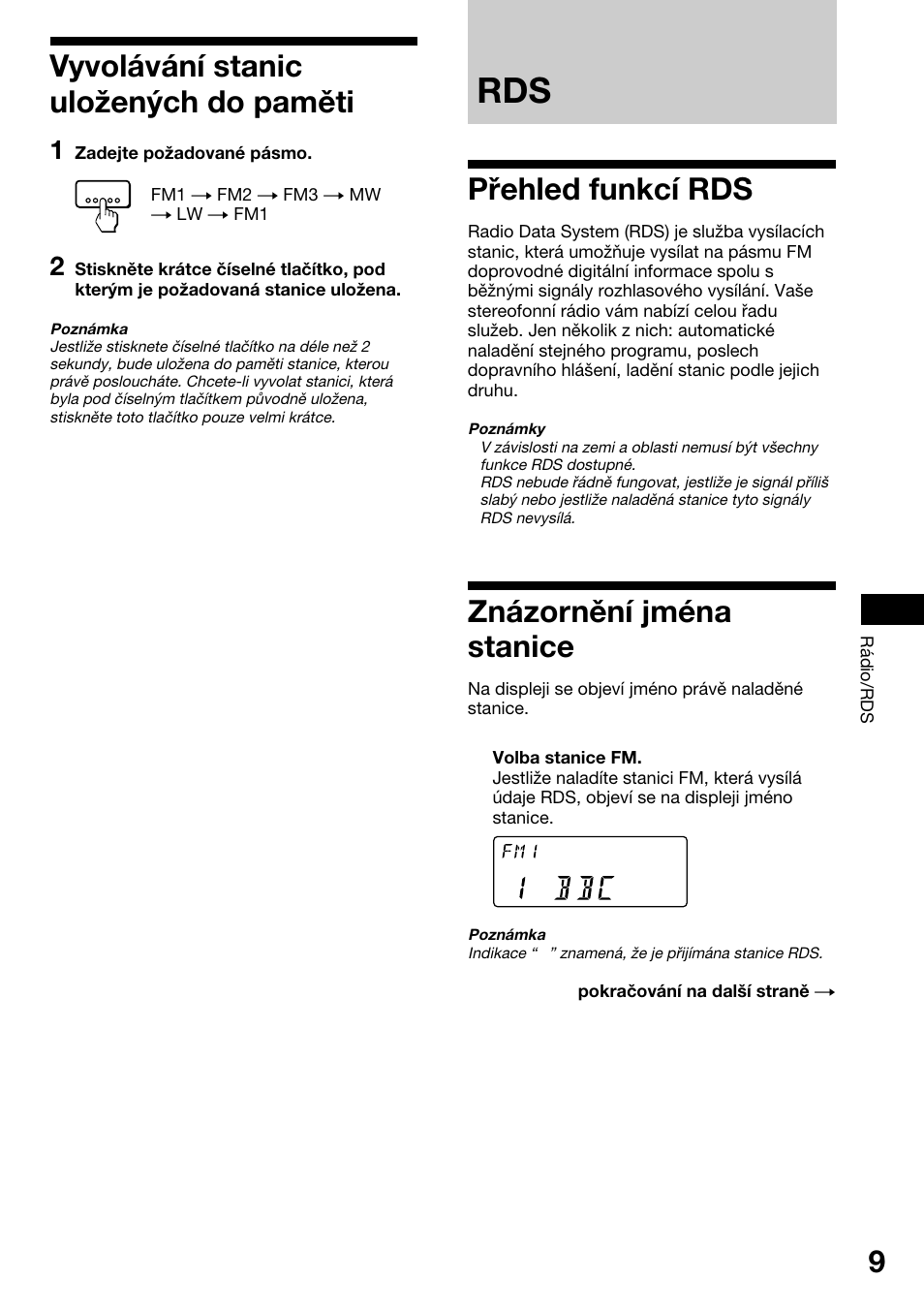 Vyvol·v·nì stanic uloæen˝ch do pamïti, P¯ehled funkcì rds, Zn·zornïnì jmèna stanice | Vyvolávání stanic uložených do paměti, Přehled funkcí rds znázornění jména stanice, Přehled funkcí rds, Znázornění jména stanice | Sony XR-1800R User Manual | Page 45 / 92