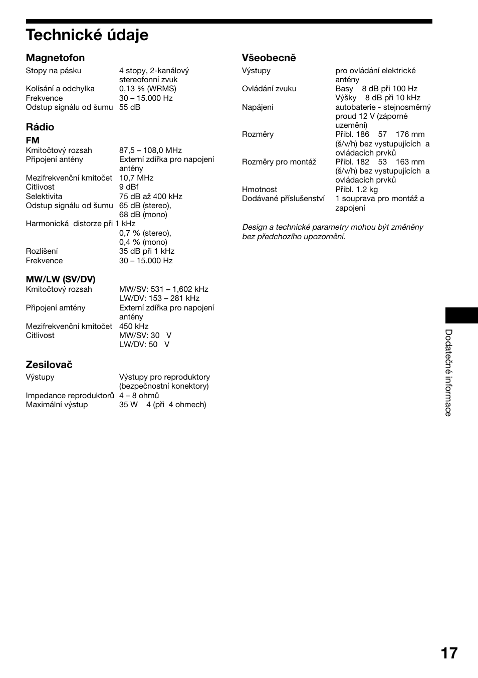 Technickè ˙daje, Technické údaje, Magnetofon | Rádio, Zesilovač, Všeobecně | Sony XR-1800R User Manual | Page 53 / 92