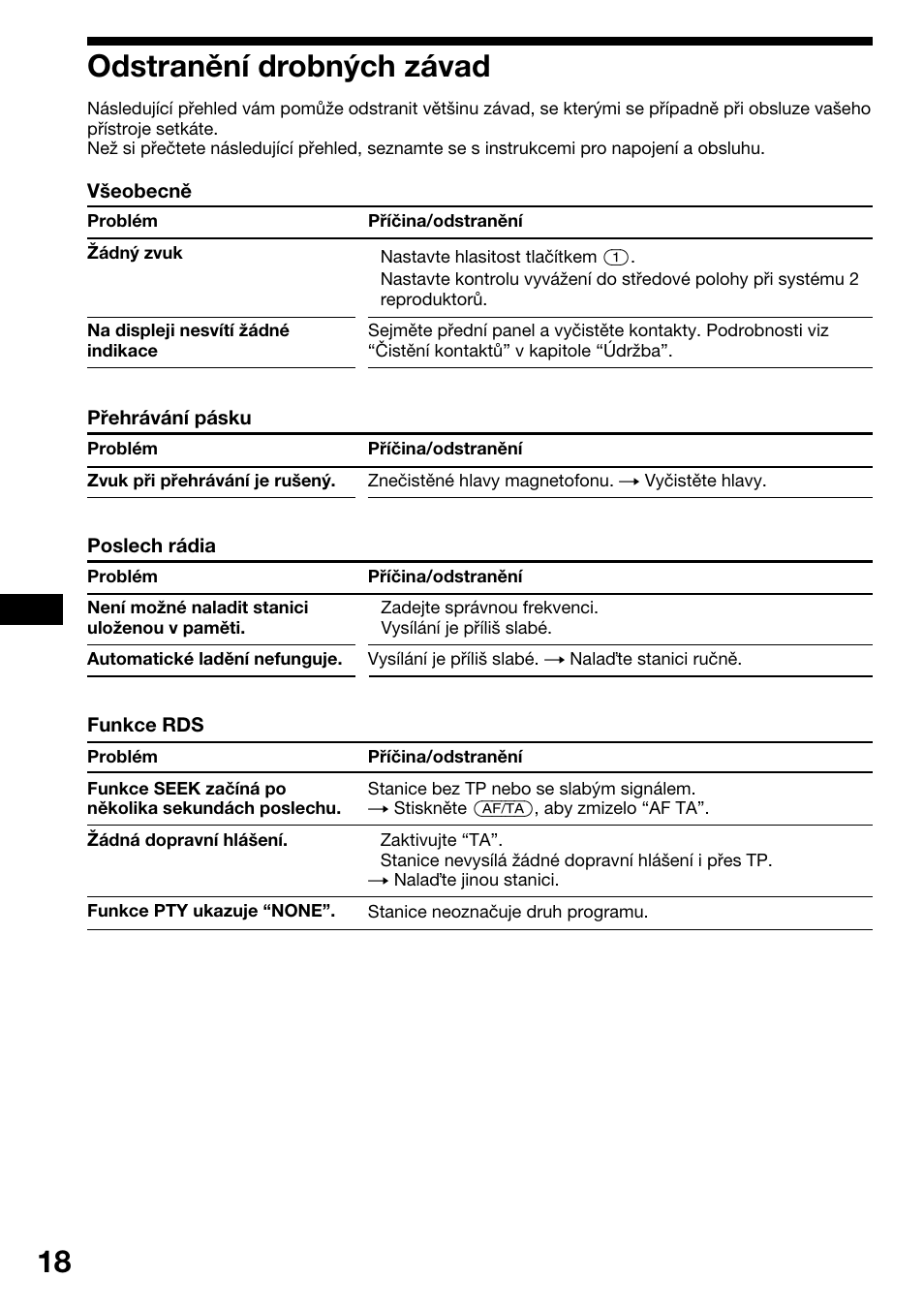 Odstranïnì drobn˝ch z·vad, Odstranění drobných závad | Sony XR-1800R User Manual | Page 54 / 92