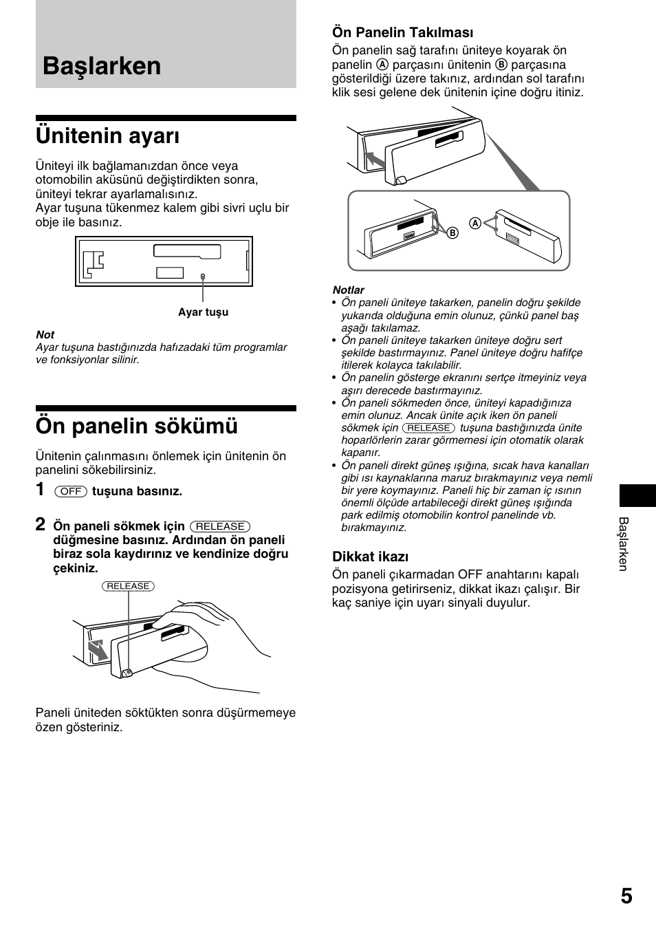 Baﬂlarken, Ünitenin ayar, Ön panelin sökümü | Ünitenin ayarı ön panelin sökümü, Başlarken, Ünitenin ayarı | Sony XR-1800R User Manual | Page 77 / 92