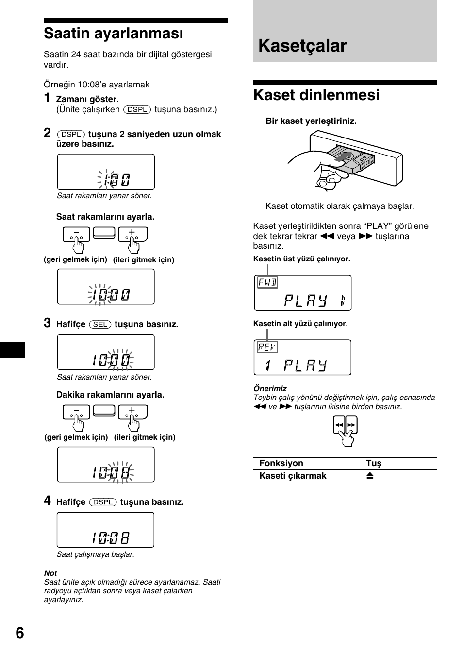 Saatin ayarlanmas, Kasetçalar, Kaset dinlenmesi | Saatin ayarlanması | Sony XR-1800R User Manual | Page 78 / 92