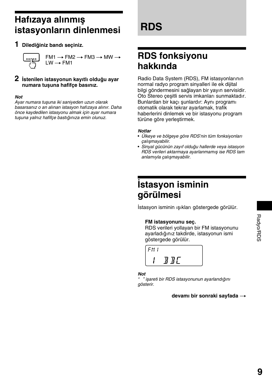 Haf›zaya al›nm›ﬂ istasyonlar›n dinlenmesi, Rds fonksiyonu hakk›nda, Stasyon isminin görülmesi | Hafızaya alınmış istasyonların dinlenmesi, Rds fonksiyonu hakkında istasyon isminin görülmesi, Rds fonksiyonu hakkında, Istasyon isminin görülmesi | Sony XR-1800R User Manual | Page 81 / 92