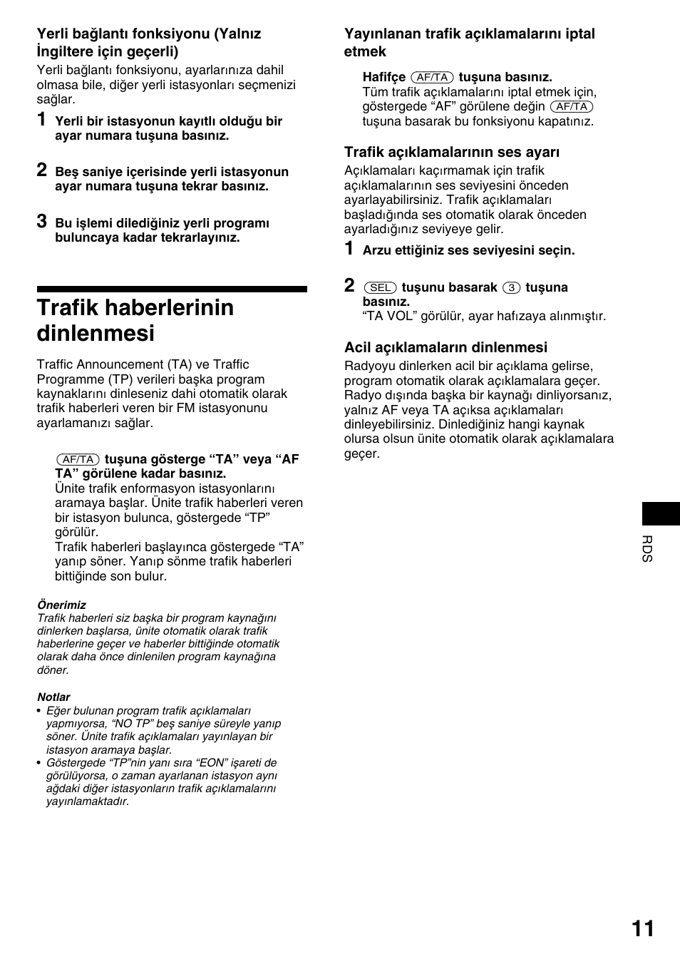 Trafik haberlerinin dinlenmesi | Sony XR-1800R User Manual | Page 83 / 92