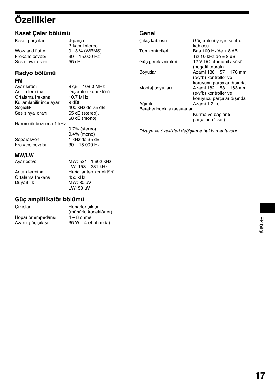 Özellikler, Kaset çalar bölümü, Radyo bölümü | Güç amplifikatör bölümü, Genel | Sony XR-1800R User Manual | Page 89 / 92