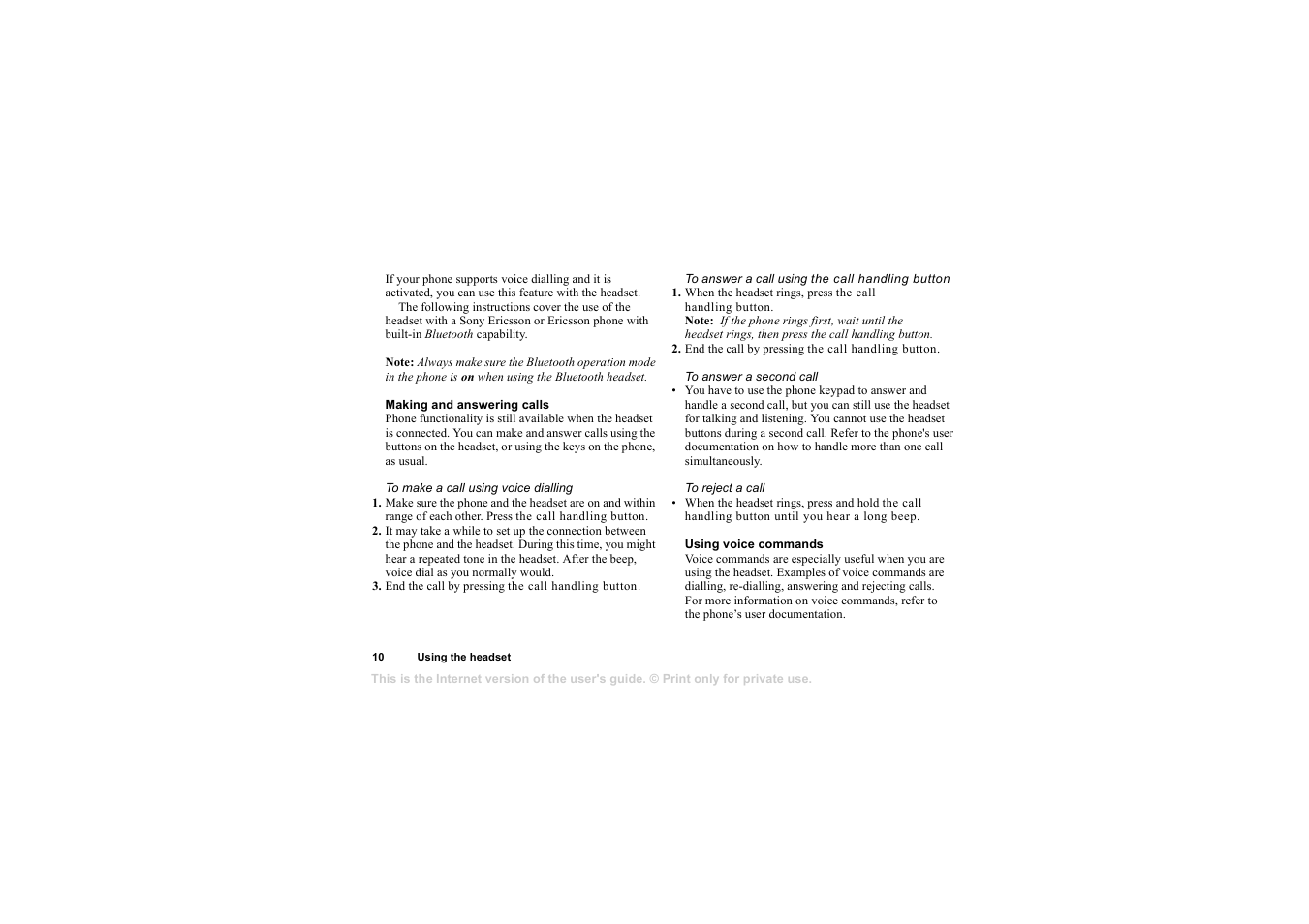 Making and answering calls, Using voice commands | Sony HBH-65 User Manual | Page 10 / 95