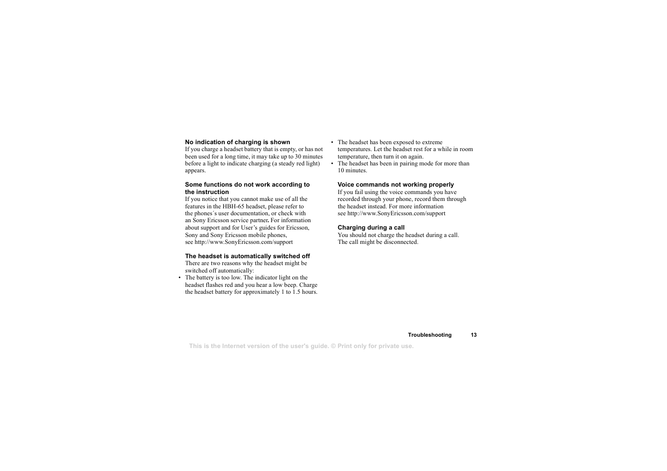 No indication of charging is shown, The headset is automatically switched off, Voice commands not working properly | Charging during a call | Sony HBH-65 User Manual | Page 13 / 95