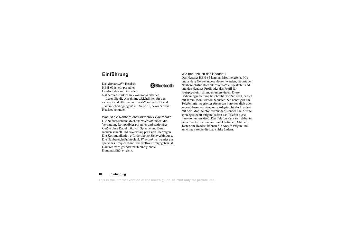 Einführung, Einführung 18 | Sony HBH-65 User Manual | Page 18 / 95