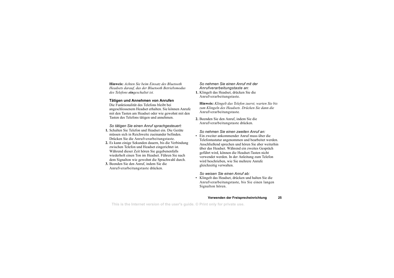 Tätigen und annehmen von anrufen | Sony HBH-65 User Manual | Page 25 / 95