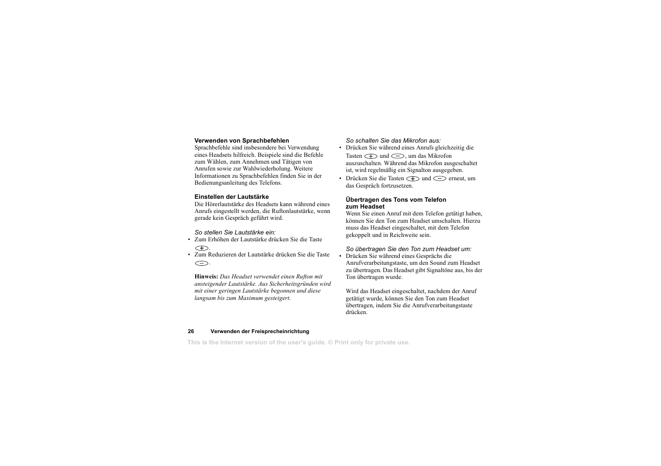 Verwenden von sprachbefehlen, Einstellen der lautstärke, Übertragen des tons vom telefon zumheadset | Sony HBH-65 User Manual | Page 26 / 95