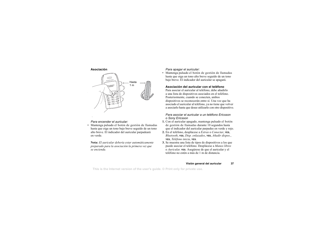 Asociación, Asociación del auricular con el teléfono | Sony HBH-65 User Manual | Page 37 / 95