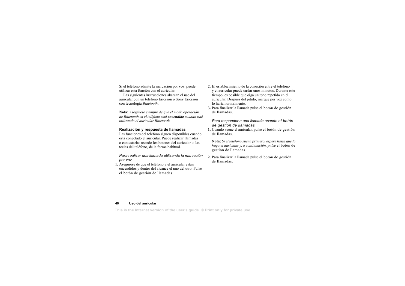 Realización y respuesta de llamadas | Sony HBH-65 User Manual | Page 40 / 95