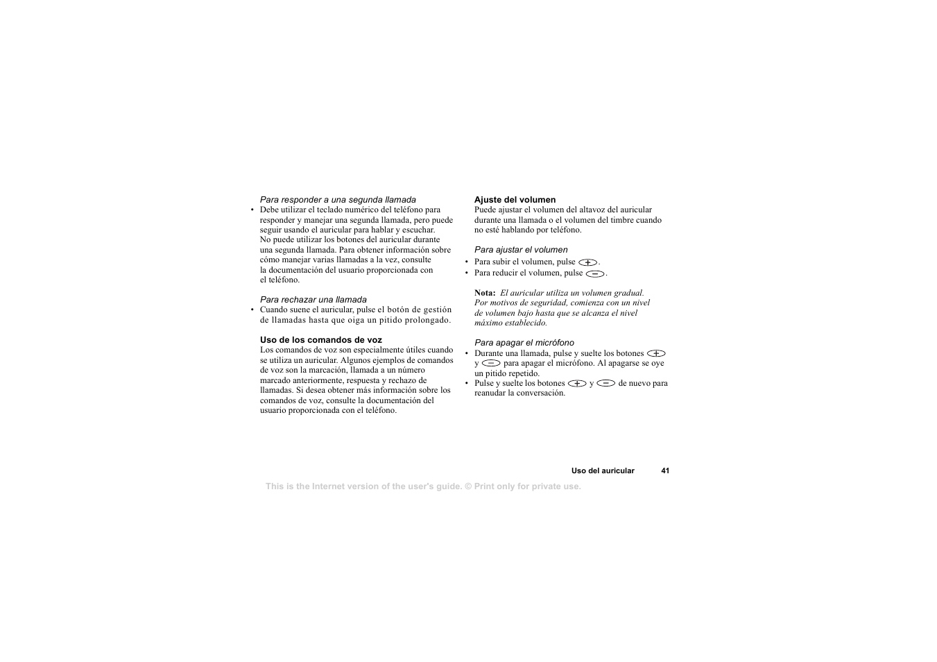 Uso de los comandos de voz, Ajuste del volumen | Sony HBH-65 User Manual | Page 41 / 95